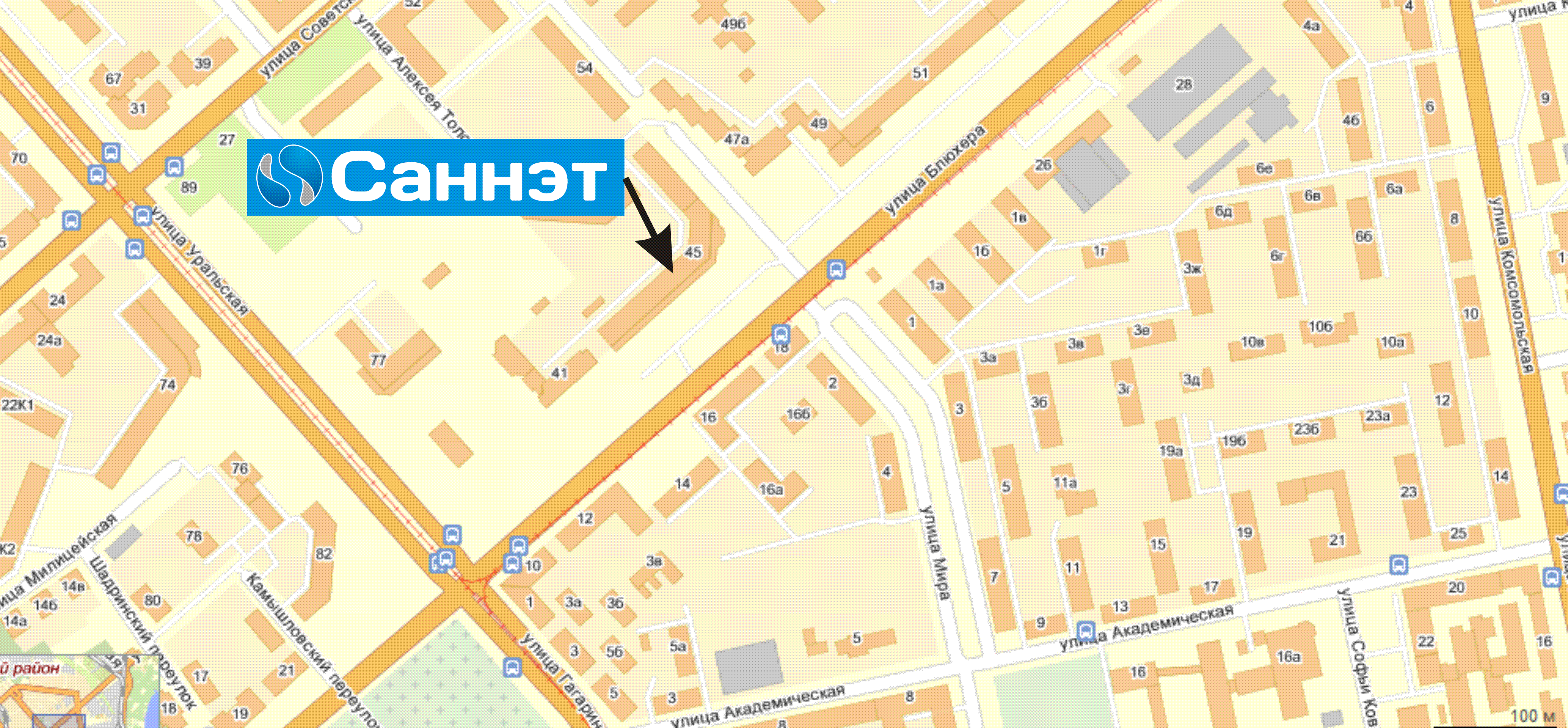 карта место расположения магазин сантехники Саннэт по адресу Екатеринбург Блюхерфа 45